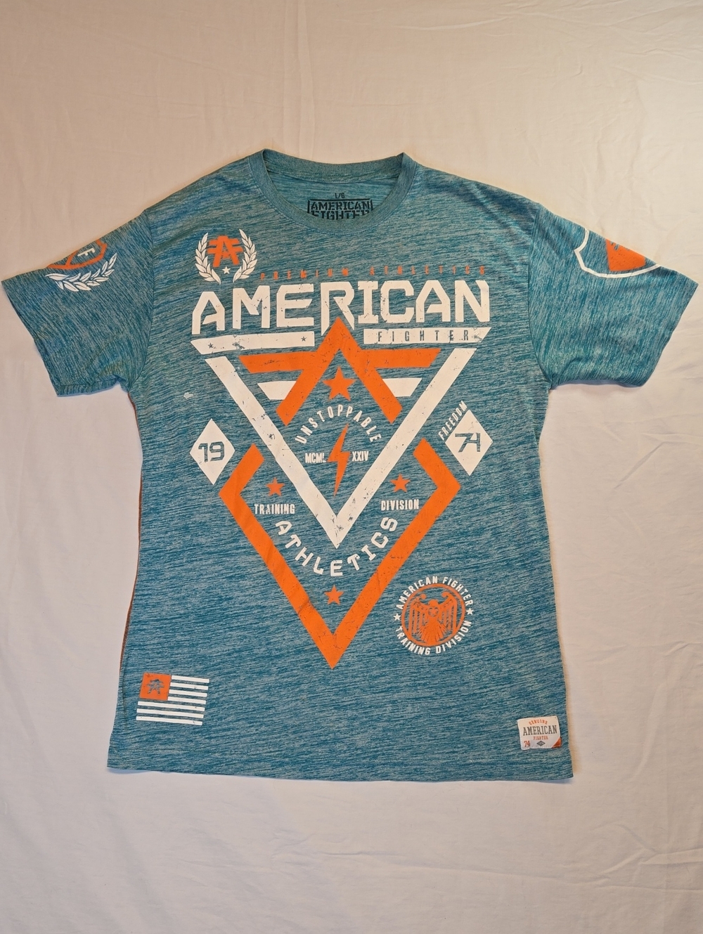 American Fighter Teal Full Graphic Spellout Crewneck T-Shirt